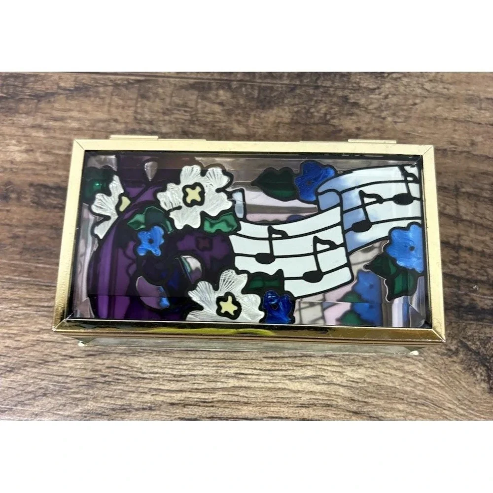Vtg Joan Baker Designs Stain Glass Musical Note Hand Painted Trinket Box Beveled